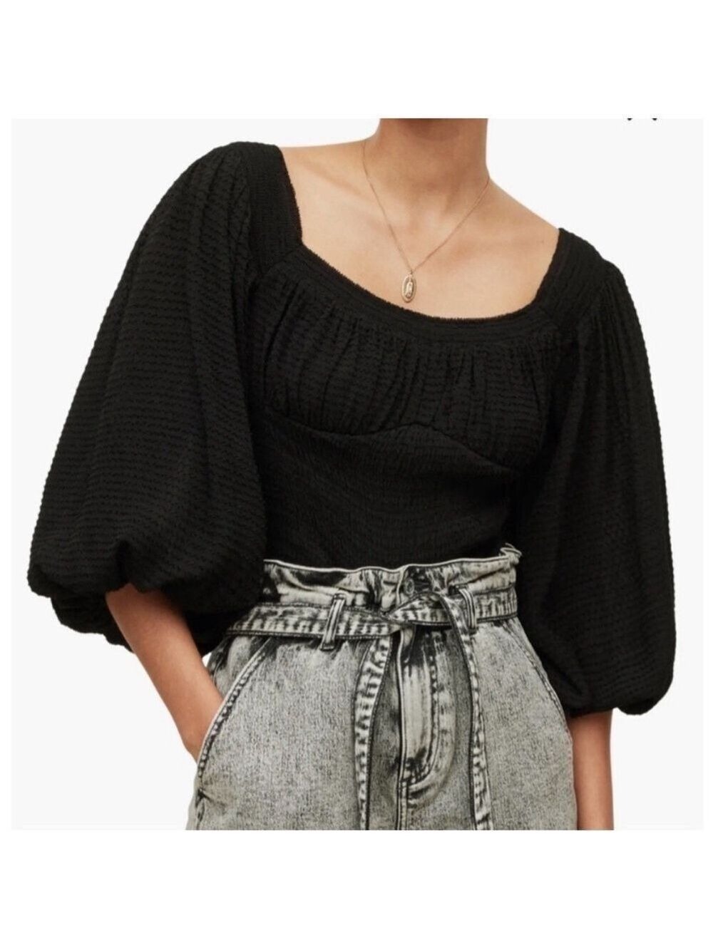 NWT. All Saints Women Tia Crop Top Black Textured Lightweight Puff Sleeve Sz 8
